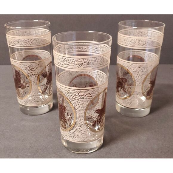 VTG 1970s MCM Libbey Highball Glassware Set of 3 Game Birds Pheasant/ /Duck - Picture 3 of 11